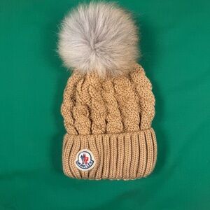 Moncler Women’s Brown Cable Knit Beanie with Pom-Pom- New